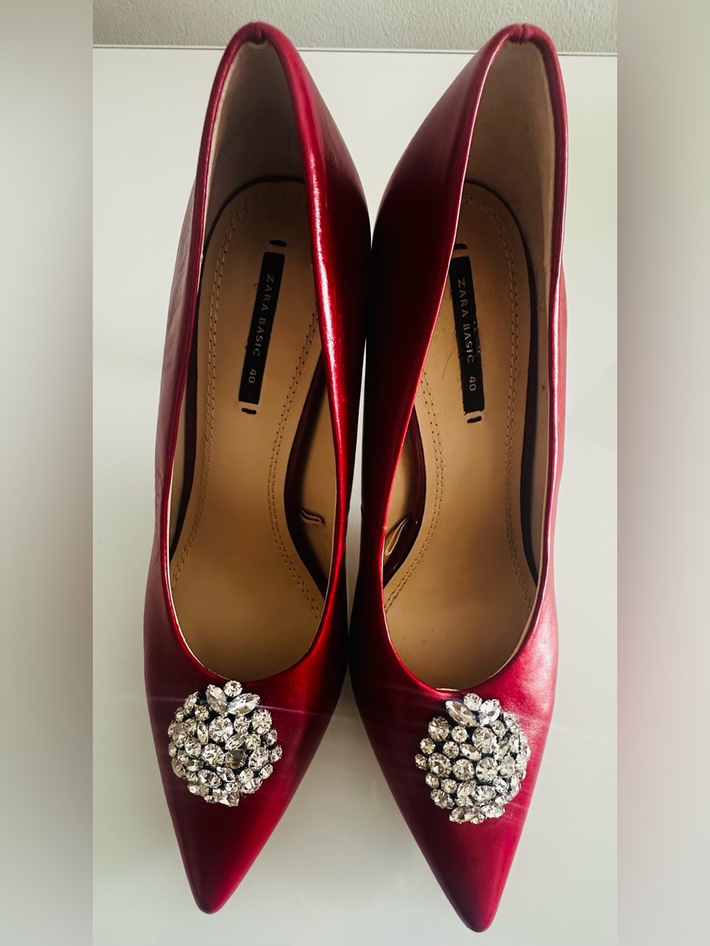 Zara Red/Burgundy Leather Pointed-Toe Heels with Crystal Medallion